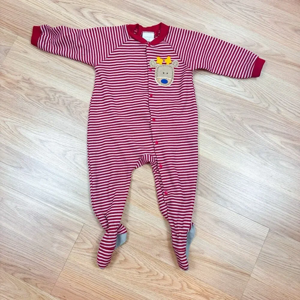 Vintage Baby 18M Footed Pajama Christmas Reindeer Stripe Red White Carters